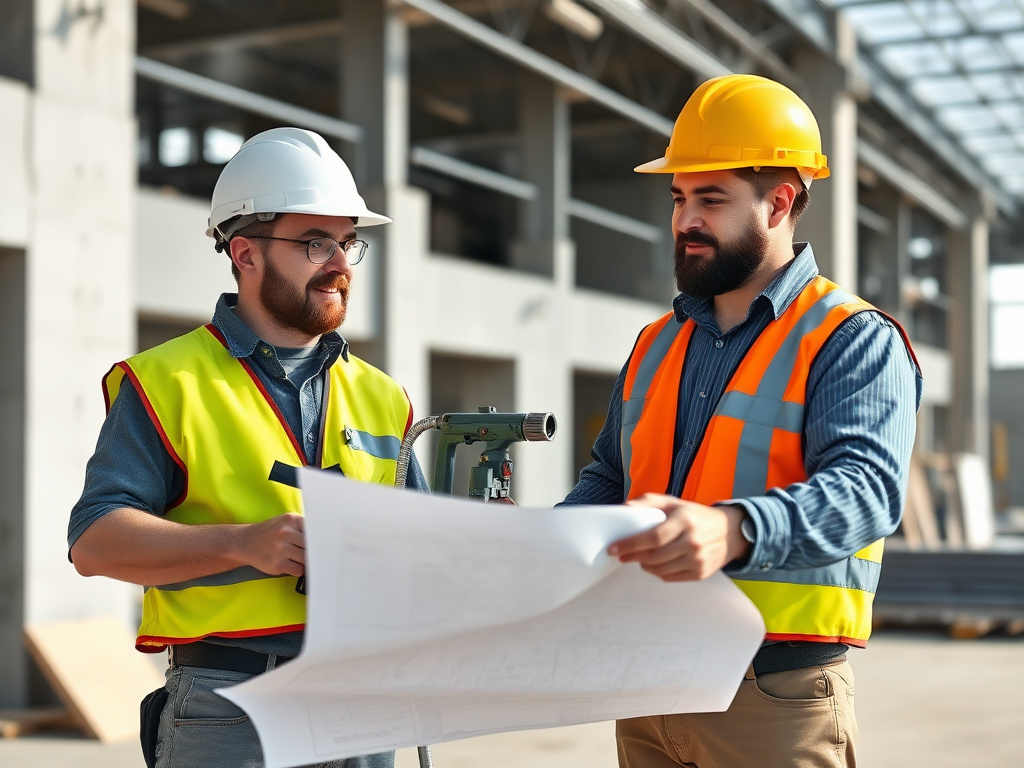 Spray foam contractor reviewing building plans with a general contractor on a commercial job site