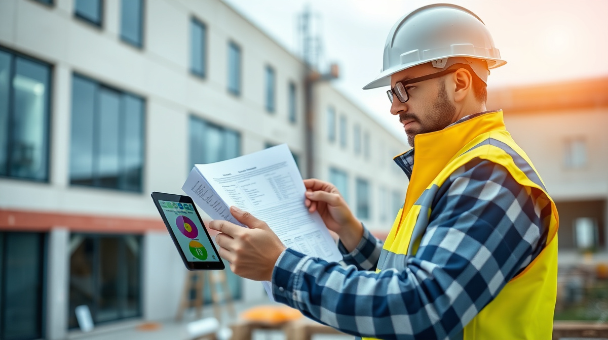 Blueprints and a commercial building code reference book on a job-site table