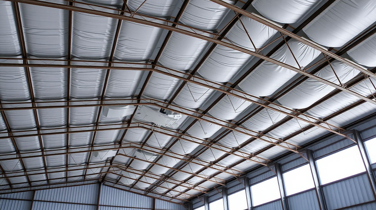 Interior of a pre-engineered metal building showing exposed purlins and roof deck