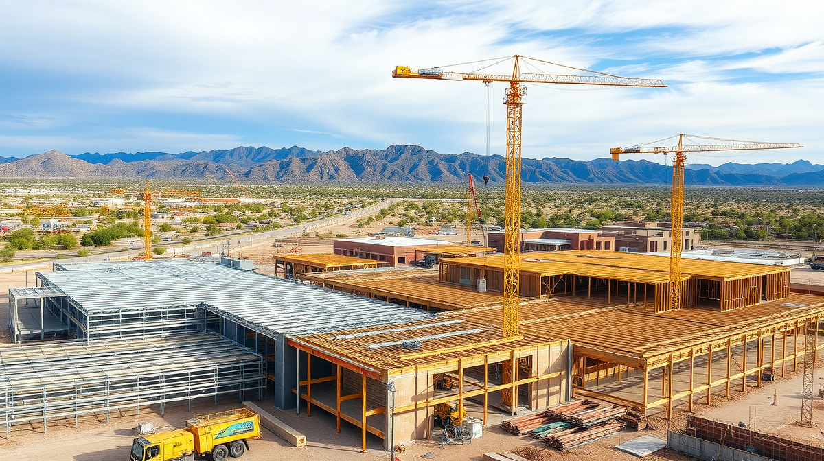 Industrial construction site in the Tucson, Arizona area with cranes and steel framing