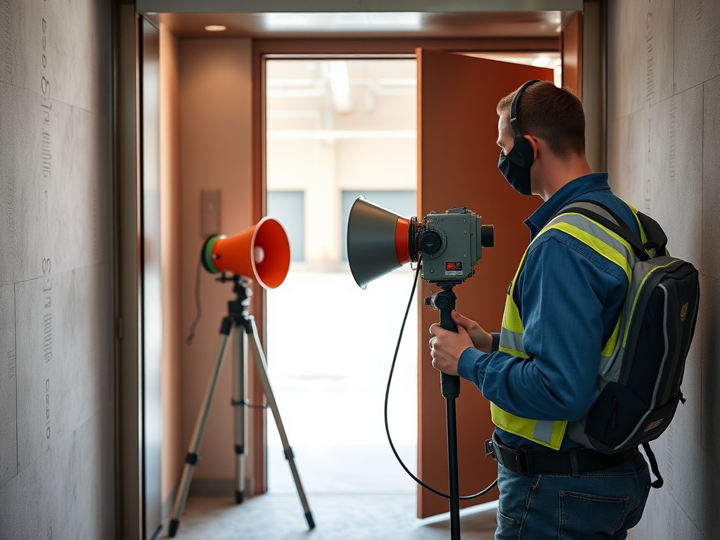 Technician conducting a commercial energy audit with a blower-door test setup