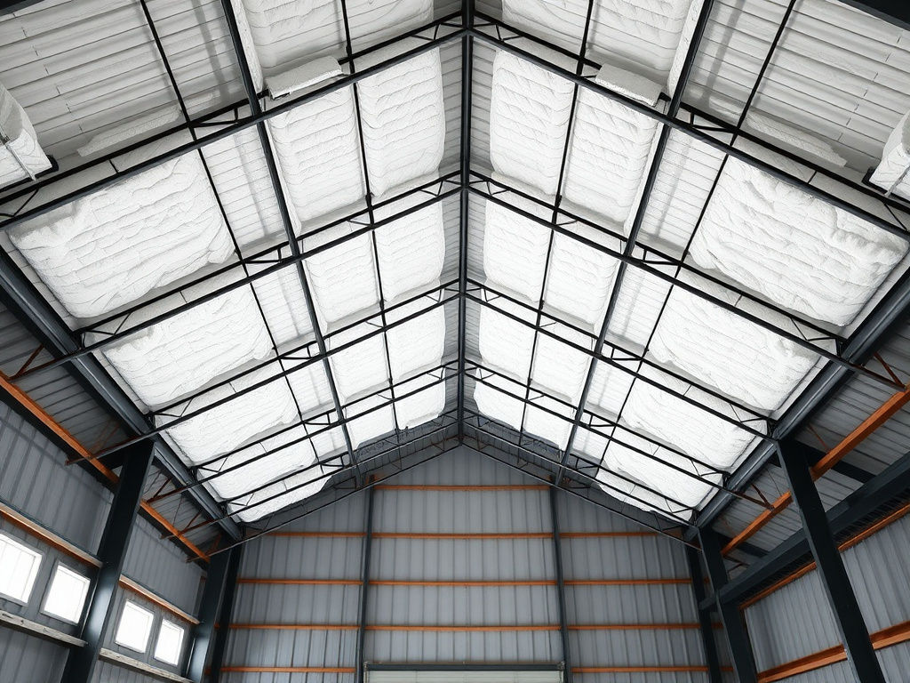 Spray foam insulation applied to the interior of a metal pre-engineered building