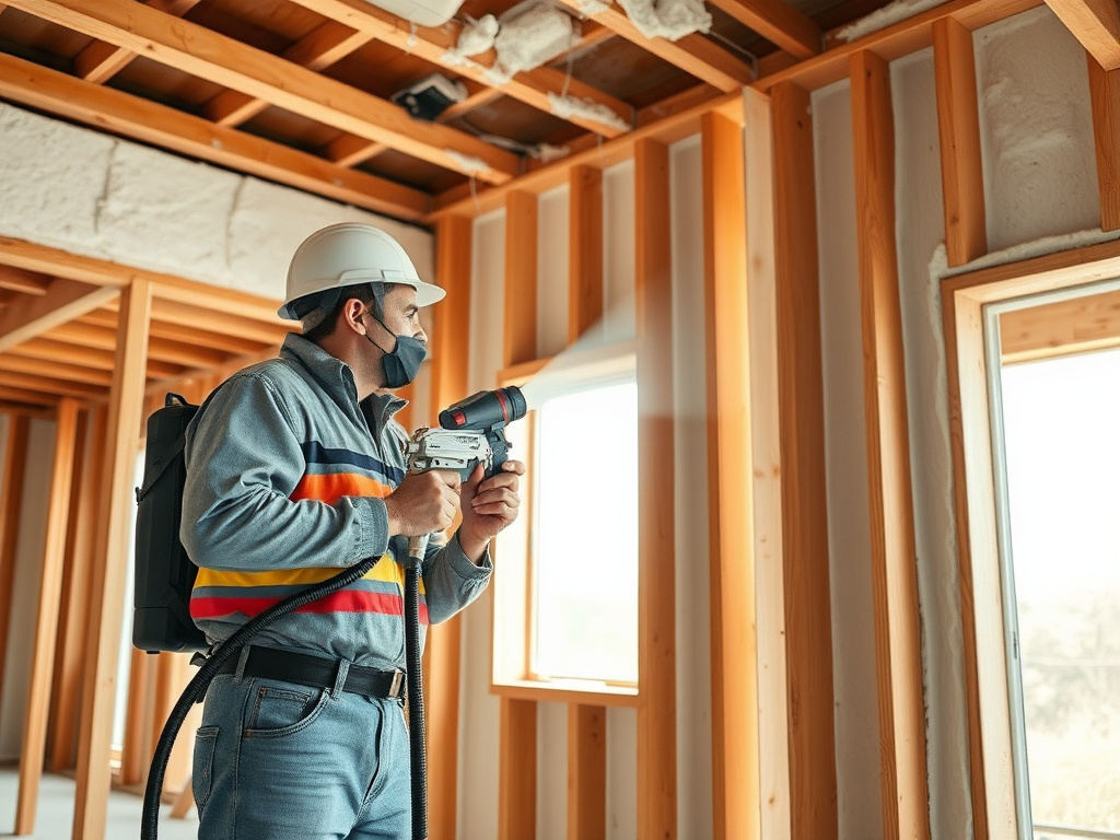 Technician spray-applying foam insulation inside a new-construction commercial building frame