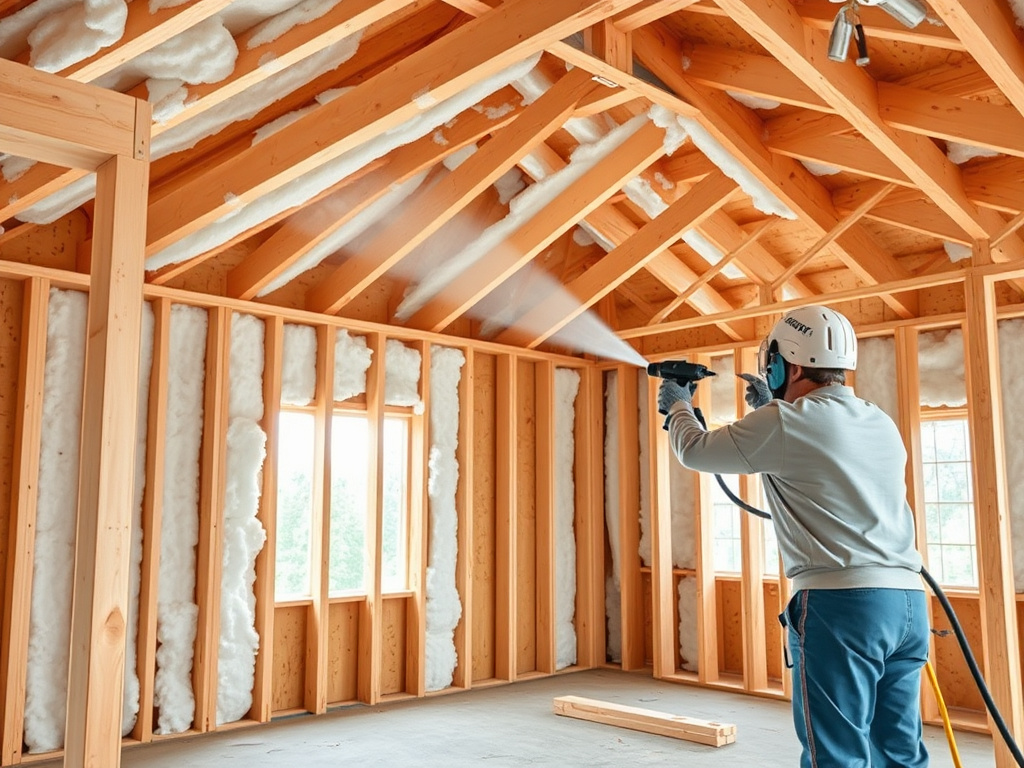 Spray foam insulation being applied inside a new-construction residential home during framing