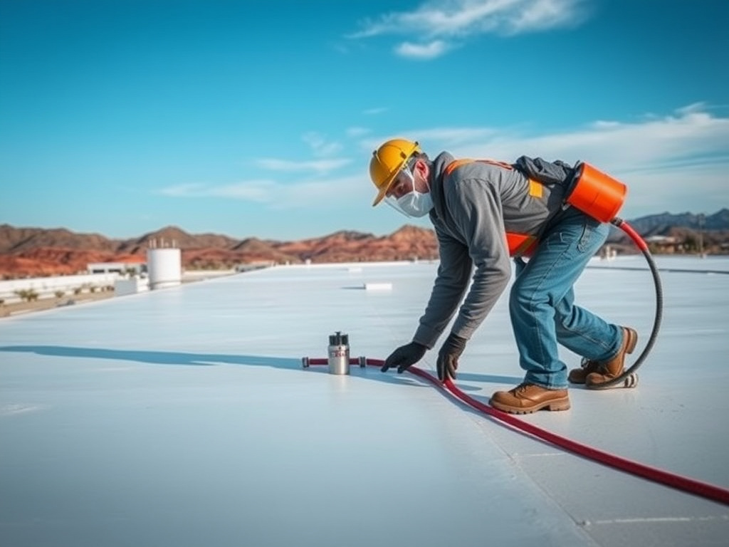 Technician applying spray polyurethane foam roofing system to a commercial flat roof