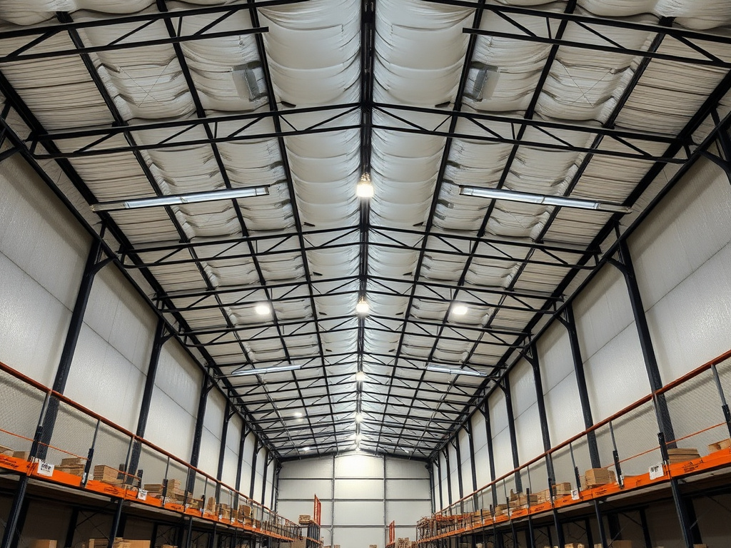 Interior of a commercial warehouse with spray foam insulation applied to the roof deck